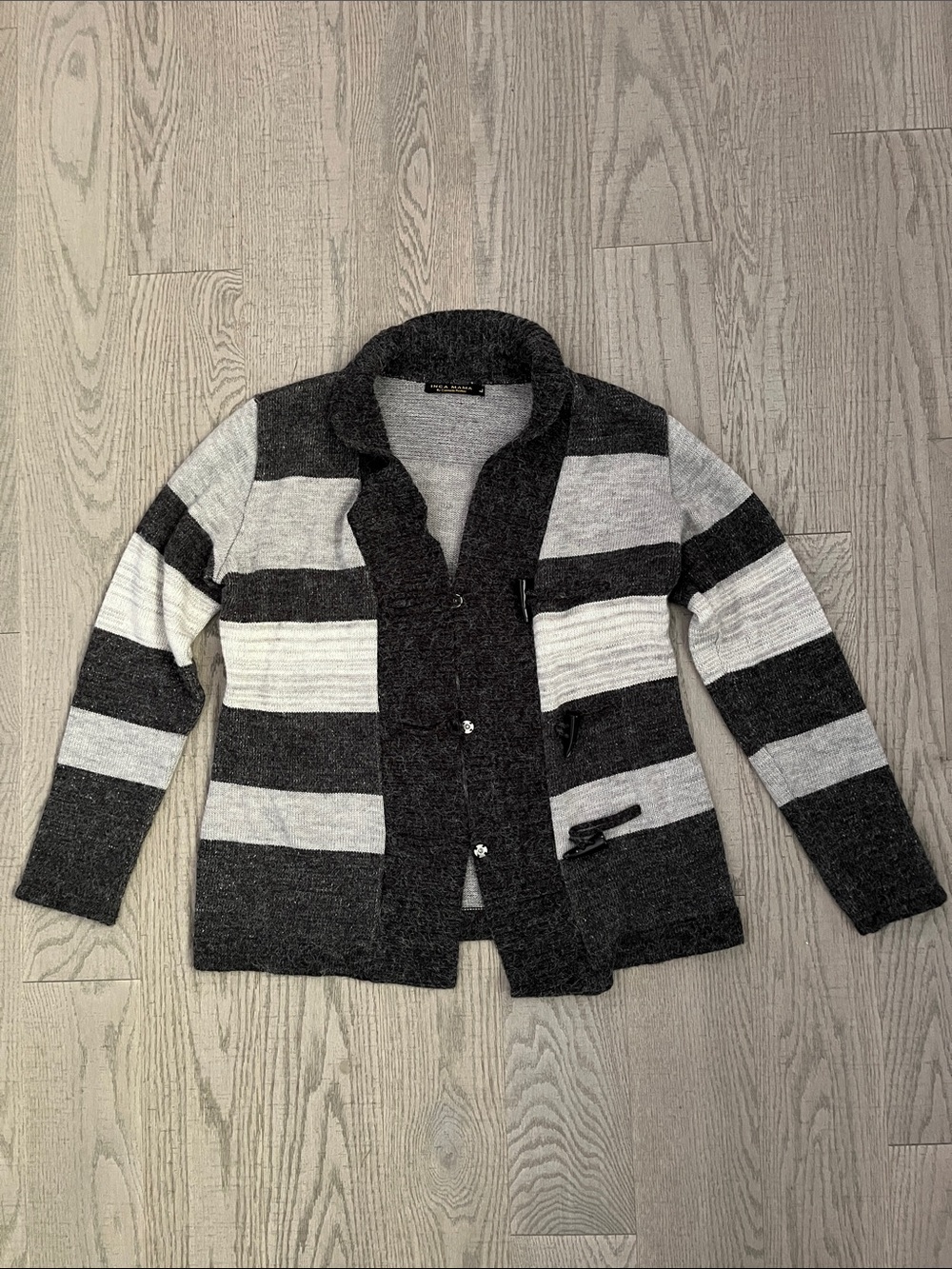 Handmade Angora Blend Striped Shawl Collar Cardigan Sweater - Grey & Light Grey
